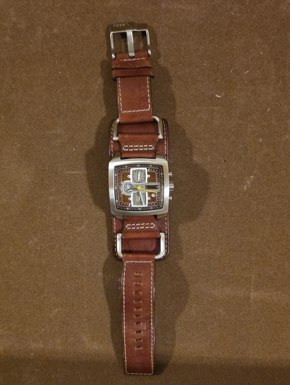 Fossil Trend Cuff Chronograph Brown Leather Watch JR1197 NWOT Needs Battery